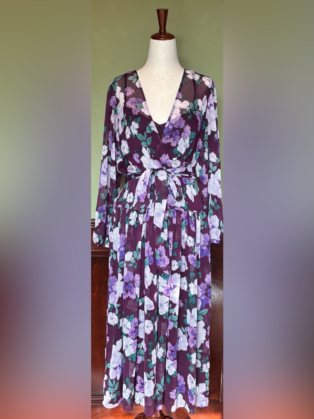Calvin Klein Purple Floral Wrap Dress with Green Accents
